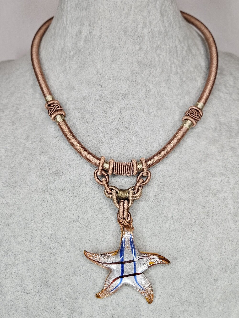 Handmade Glass Starfish Pendant Necklace Cord Bronze Gold Blue Plaid Boho EUC